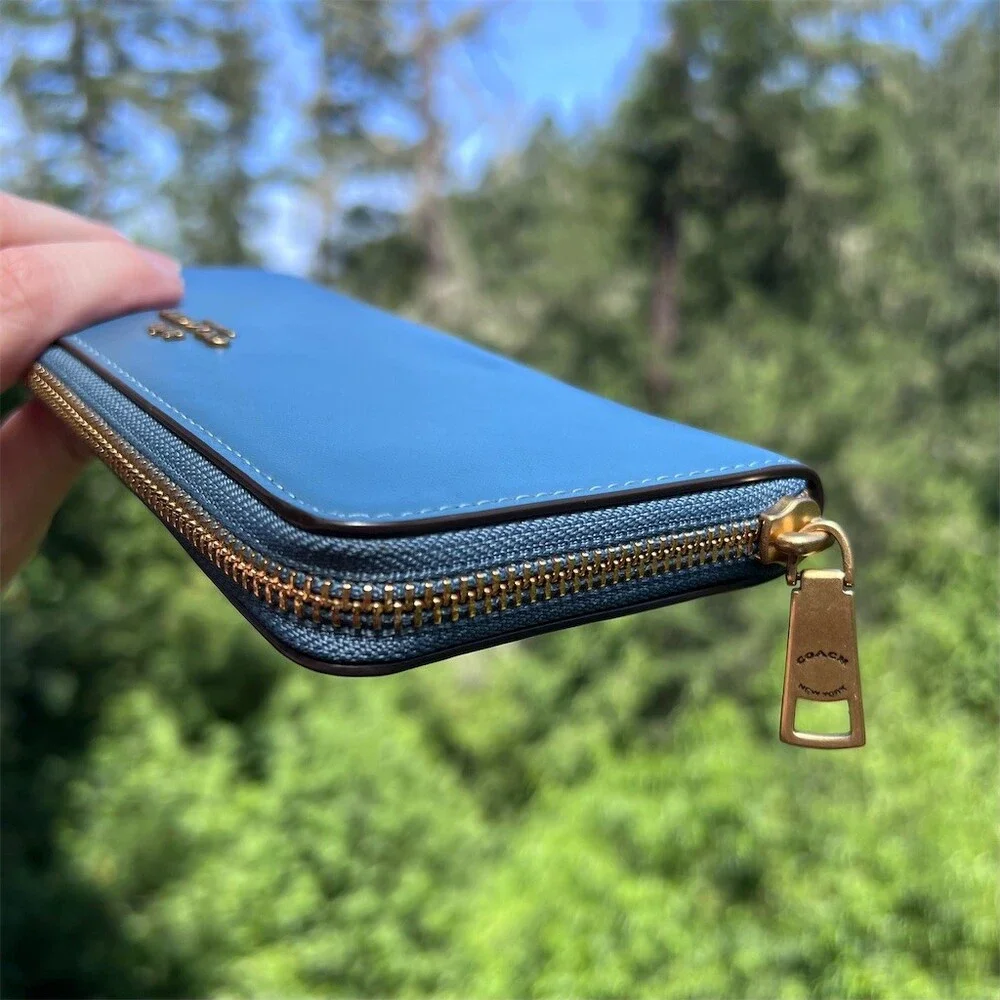 COACH Long Zip-Around Wallet Blue Smooth Leather with Brassy Gold Logo Hardware